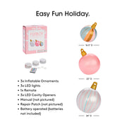 Easy Holiday Fun. 3x Inflatable Ornaments, 3x LED Lights, 1x Remote, 3x LED Cavity Openers, manual, repair patch, battery operated (batteries not included).